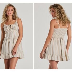 Winsdor Womens Button Striped Spaghetti Strap Cute Skater Beige Mini Dress Small
